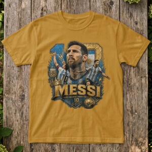 May include: A mustard yellow t-shirt featuring a graphic print of Lionel Messi. The design includes a large number 10, two depictions of the player in an Argentina jersey, a crown, a soccer ball, and the text "MESSI" in bold gold lettering.