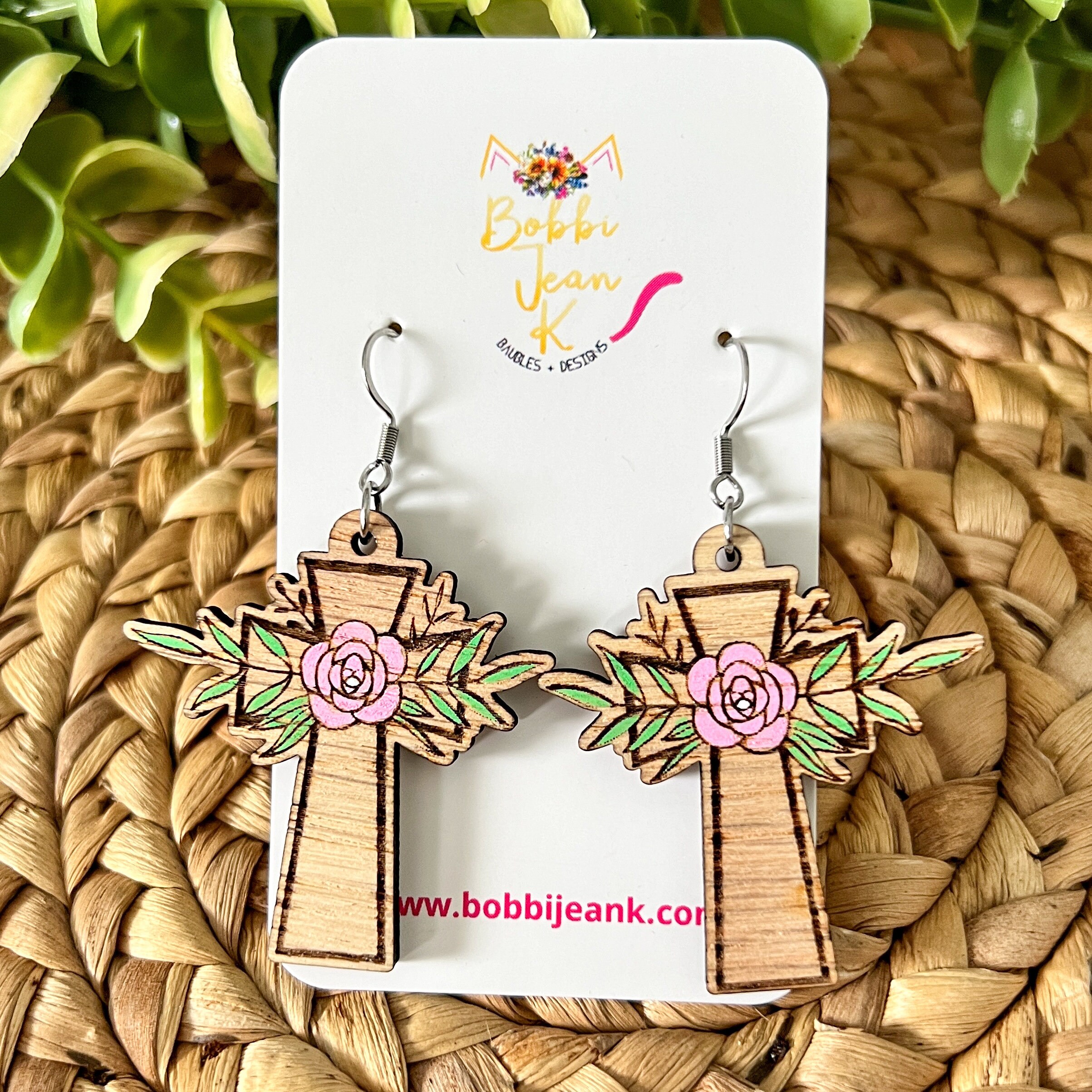 Hand Painted Floral Wood Cross Earrings, Faith Based Cross Jewelry