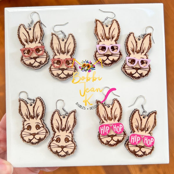 Fun Cute Spring Bunny with Glasses Lightweight Wooden Earrings, Hip Hop Bunny Earrings, Easter Bunny Acrylic Dangle Earrings for Bunny Lover