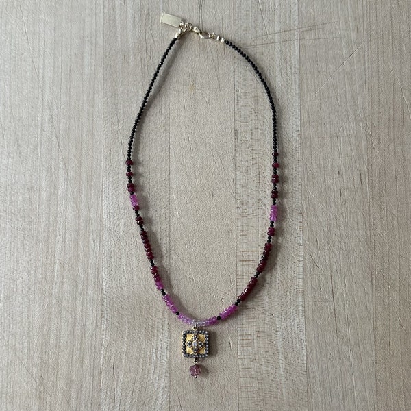 Bijou Amani Charm with Ruby and Agate Beads Necklace with Gold Clasp