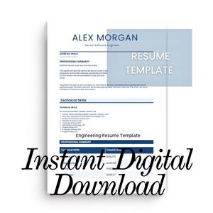 May include: A white resume template document with blue text and headers, featuring the name Alex Morgan, Senior Software Engineer, professional summary, technical skills, and a table with numerical data, overlaid with the text RESUME TEMPLATE.