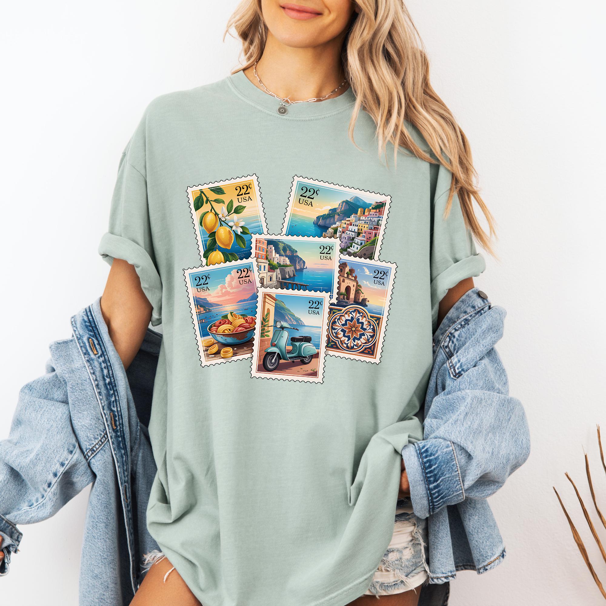 Amalfi Coast Comfort Colors Shirt With Vintage Italian Postage
