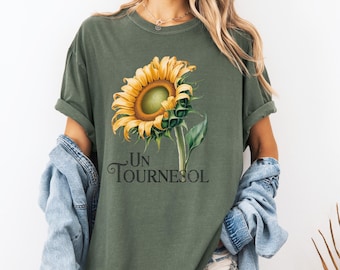 T-shirt con colori comfort e motivo acquerello girasole, maglietta floreale, maglietta Un Tournesol