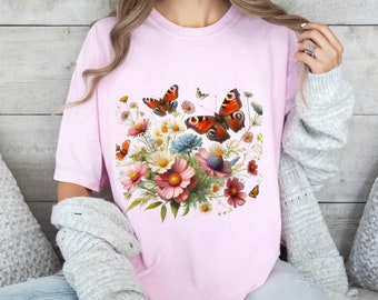 Cottagecore Flowers and Butterflies Comfort Color T-shirt Floral Shirt Boho Shirt gardencore Shirt Gift for Her