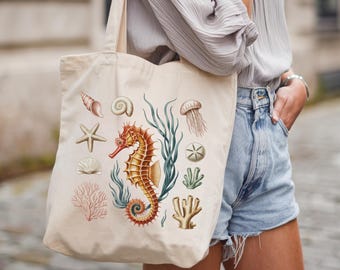 Sac fourre-tout sur le thème de l'océan hippocampe, sac à provisions écologique, fourre-tout de plage, cadeau pour les amateurs de mer, esthétique pêcheur