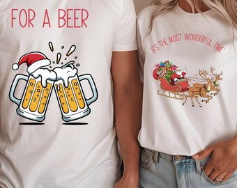 Camiseta de pareja navideña Es el momento más maravilloso para tomar una cerveza Camiseta de Papá Noel Camiseta de cerveza Camiseta navideña divertida