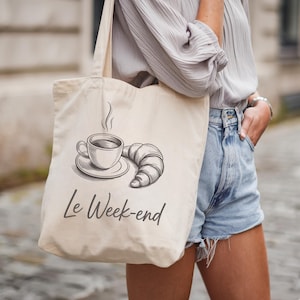 French Le Weekend コーヒー＆クロワッサン コットンキャンバストートバッグ、ショッピングバッグ、再利用可能な食料品バッグ、ファーマーズマーケットトート、環境に優しいトートバッグ