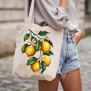 Citrus Garden Cotton Canvas Tote Bag | Eco-Friendly Shopping, Beach Bag, Lemon Tote, Grocery Tote, Farmer&#39;s Market Bag Front Back