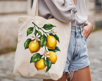 Citrus Garden Cotton Canvas Tote Bag | Eco-Friendly Shopping, Beach Bag, Lemon Tote, Grocery Tote, Farmer's Market Bag Front Back