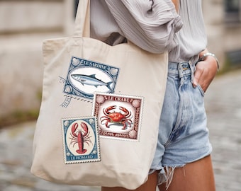 Torba rybacka w stylu marynistycznym, torba plażowa w stylu nadmorskim, torba płócienna z motywem sardynek, homarów i krabów, torba na ramię dla miłośników oceanu, marynistyczna