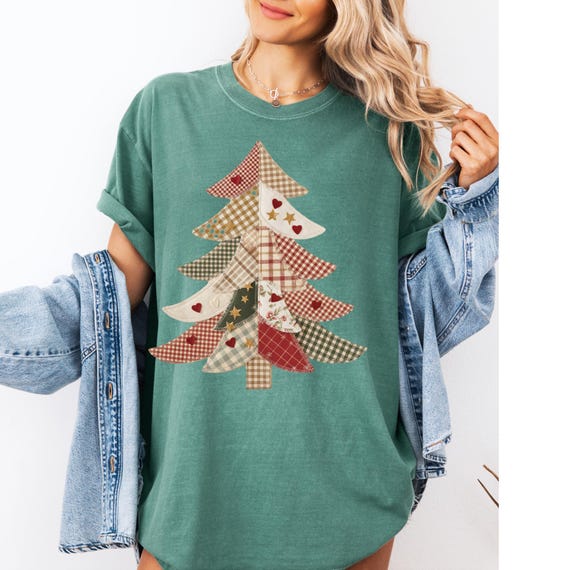 Comfort Colors Christmas Shirt  Faux Appliqué Patchwork Tree  Cozy Holiday T-Shirt