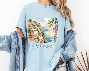 Camisa Positano con colores cómodos, costa de Amalfi, Italia, escénica, camiseta costera vintage, viaje, estética mediterránea, gráfica, regalo unisex
