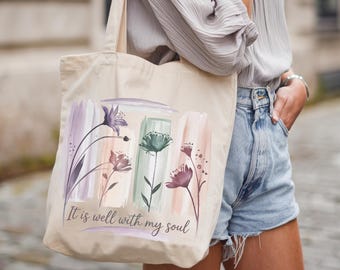 Bolsa de mano "Está bien con mi alma": bolsa de mano de lona de algodón con diseño floral, bolsa de flores inspiradora, bolsa de compras, pincelada ecológica