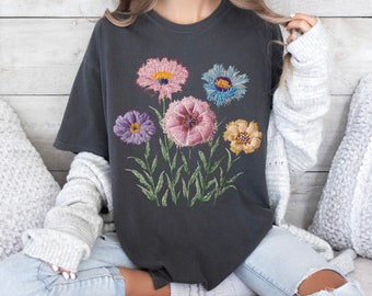 Faux Embroidery Wildflower Comfort Colors Shirt  Cottagecore Floral Shirt Spring Shirt