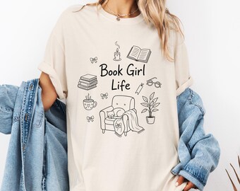 Book Girl Life Comfort Colors Shirt  Cozy Reading Doodle Tee for Book Lovers
