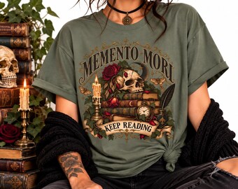 Memento Mori skull and books Keep Reading T-Shirt | Literary Goth Tee