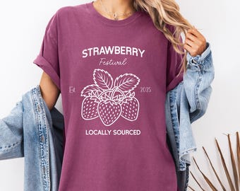Jordgubbsfestival-t-shirt, skjorta i vintagekomfortfärger, t-shirt i cottagecore, sommarfruktskjorta, jordgubbar-t-shirt