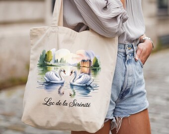 Elegante bolso tote de lona de algodón con diseño de cisne sereno, bolso de compras ecológico Chateaucore French Cottagecore.