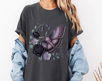 Gothic Moth Flower T-Shirt, Comfort Colors Garment-Dyed, Vintage Style