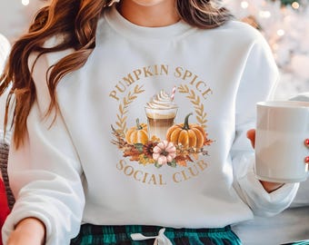 Pumpkin Spice Social Club Sweatshirt – Fall Gildan Crewneck with Latte, Pumpkins & Flowers