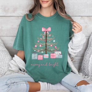 Minimalist Christmas Tree Unisex Garment-Dyed T-shirt, Couquette Holiday Shirt, Merry and Bright Tee, Christmas Gift Idea, Holiday Apparel