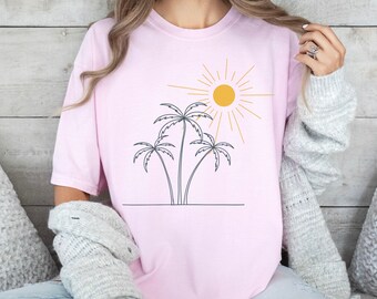 Palm Tree And Sun Minimalist Shirt Comfort Colors Beachy Shirt Gift For Her