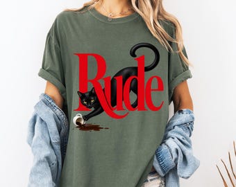 Rude Black Cat Illustration T-Shirt | Retro Red Typography
