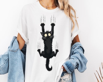 Black Cat Scratching Claw T-shirt | Falling Hanging Kitty Tee