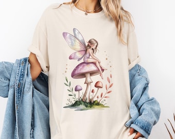 -shirt fée sur champignon | Fée de la forêt pastel