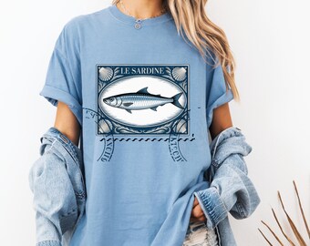 Sardine Fisherman T-Shirt, Comfort Colors Tee, Postage Stamp Shirt, Unisex Garment-Dyed Top, Aesthetic Fish Tee