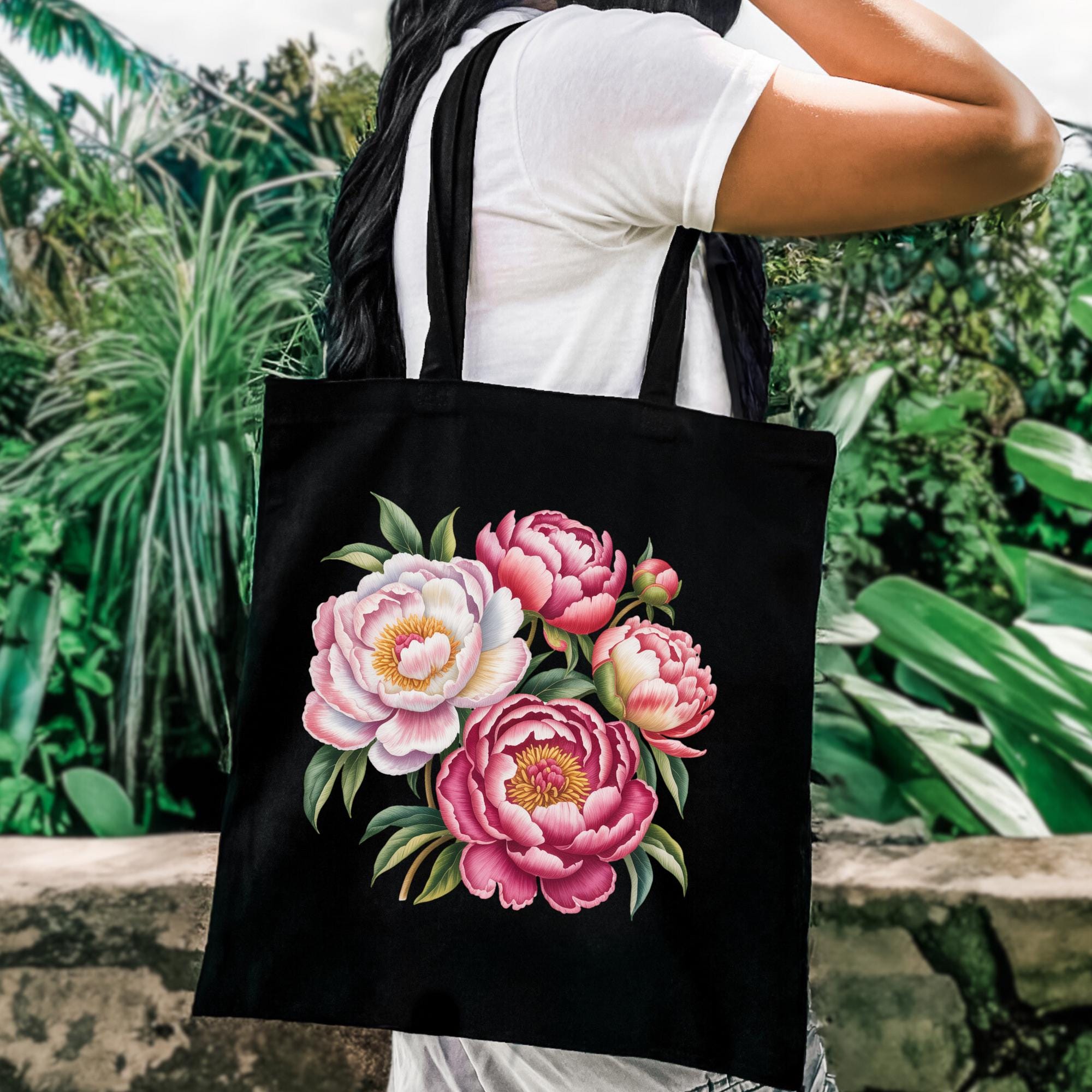 Floral Cotton Canvas Tote Bag, Peonies Tote Eco-friendly Shopping Tote ...