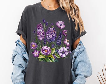 Camiseta de flores silvestres Comfort Colors: camiseta floral estilo bohemio cottagecore de algodón con flores prensadas