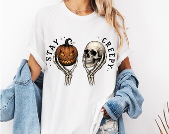 Stay Creepy Halloween Shirt, Skeleton Hands Jack O Lantern Skull Tee, Gothic Spooky Season T-Shirt