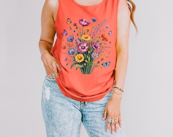 Lebendige Wildblumen Komfort Farben Tank Top Blumen Garten Shirt Botanische Boho Natur Liebhaber Geschenk Cottagecore Frühling Sommer Ästhetik