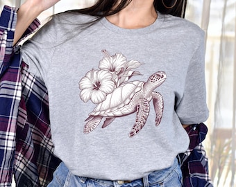 Sea Turtle & Hibiscus Flower Unisex Tee, Floral Beach Vacation Hawaiian Shirt, Eco-Friendly Cotton Top, Nature Lover Gift, Summer Ocean