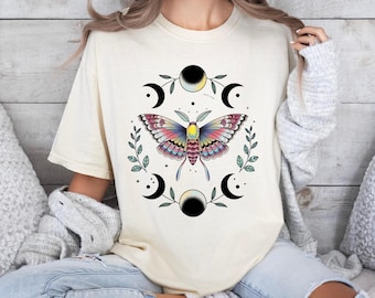 Moth Design T-shirt, Vibrant Insect Shirt, Mystical Moon Phases Tee, Comfort Colors Top, Colorful Nature Clothing,