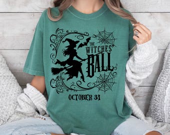 Shirt Witches Ball Salem Comfort kleuren Halloween-T-shirt met heks op bezemsteel Vintage grafische heks T-shirt