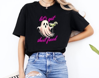 Vintage Style Ghost With Margarita Tee Lets Get Sheet Faced Funny Halloween Shirt For Spooky Season And Margarita Lovers