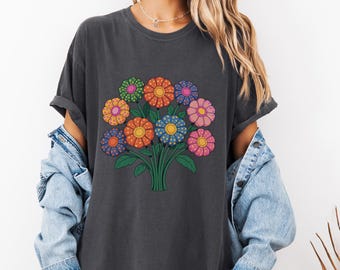 Retro bloemenboeket comfortabel kleurenshirt Bright Groovy Flower Power T-shirt met print