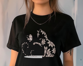 Floral Cat Shirt Whimsical Floral Cat and Butterfly Shirt Gift For Cat Lover