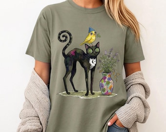 Black Cat with Yellow Bird T-shirt | Whimsical Cat Illustration