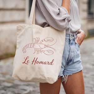 Fisherman Aesthetic Tote Bag, Le Homard Lobster Bag, Minimalist Canvas Tote, Nautical Market Bag, Beach Tote, Grocery Bag, Shoulder Bag