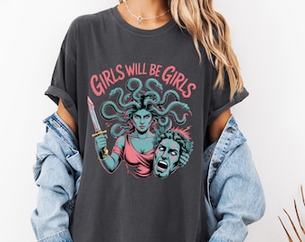 ガールズ・ウィル・ビー・ガールズ メデューサ シャツ コンフォートカラー フェミニスト リベンジTシャツ 反家父長制グラフィック ギリシャ神話シャツ 女性のエンパワーメント
