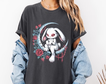 Camiseta Gótica Coelhinho da Lua: Top Coelho Assustador Lua Crescente