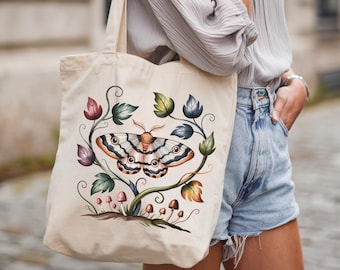 Bolsa de lona de algodón con diseño de polillas, ecológica, con diseño floral, ideal como regalo para amantes de la naturaleza, reutilizable.