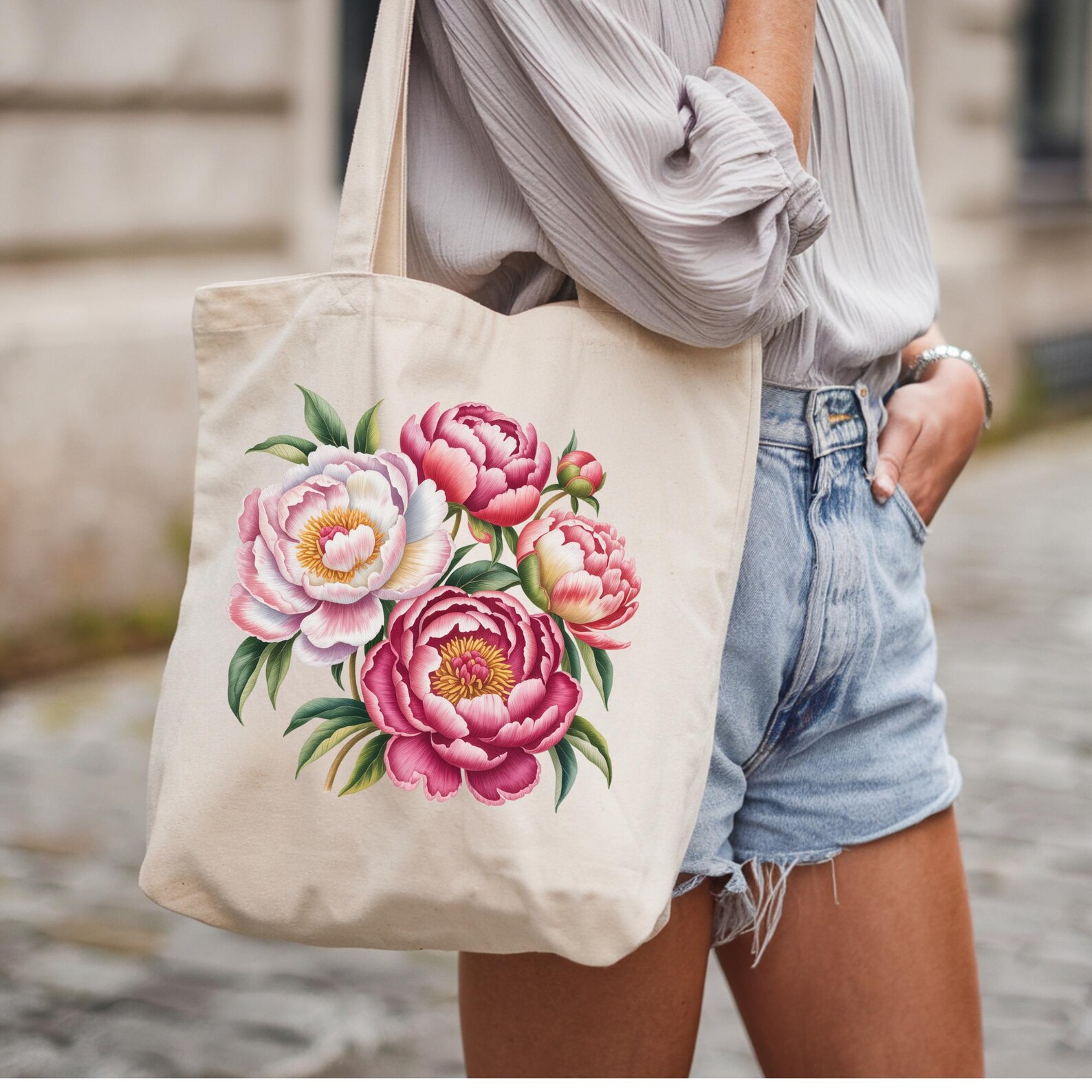 Floral Cotton Canvas Tote Bag, Peonies Tote Eco-friendly Shopping Tote ...