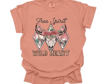 Western Free Spirit Wild  Cow Skull Heart Comfort Colors  Unisex  T-shirt Cowgirl Valentine Gift For Her