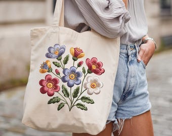 Floral Cotton Canvas Tote Bag, Eco-Friendly Shopping Bag, Flower Design Shoulder Bag, Boho Tote for Everyday Use, Gift for Her