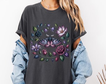 Gothic Moth T-shirt, Dark Floral Comfort Colors Tee
