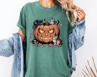 Comfort Colors Shirt Halloween Tee with Carved Pumpkin and Three Cute Kittens Cozy Fall Cat Lover Shirt